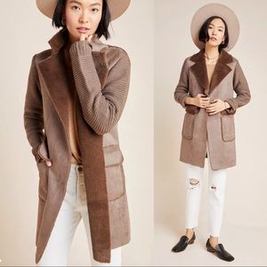 ANTHROPOLOGIE Brown Taupe Faux Shearling Fur & Knit Piper Sweater Coat Jacket XS